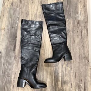 Zara genuine leather thigh high square toe black boots size 38 7 block heel